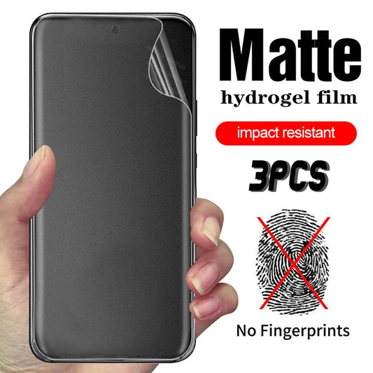 "Hand holding a smartphone with a matte hydrogel film. Text: Matte hydrogel film, impact resistant, 3PCS, No Fingerprints. Image of a fingerprint with a red cross over it."