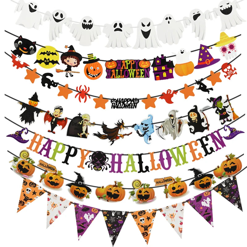 A colorful Halloween-themed banner featuring various decorations, including ghosts, witches, pumpkins, and skulls. Each string displays unique characters like bats, haunted houses, spiders, and "Happy Halloween" messages, creating a festive and spooky atmosphere.
