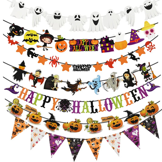 A colorful Halloween-themed banner featuring various decorations, including ghosts, witches, pumpkins, and skulls. Each string displays unique characters like bats, haunted houses, spiders, and "Happy Halloween" messages, creating a festive and spooky atmosphere.