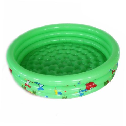 Green inflatable kiddie pool with colorful cartoon animals around the sides. The pool features a textured, cushioned bottom for added comfort.