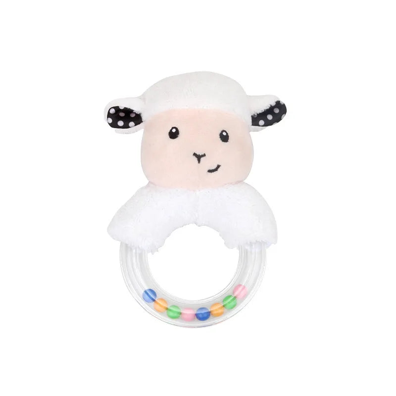 Plush sheep rattle toy with a soft white sheep head and black-and-white dotted ears, attached to a clear ring containing colorful beads.