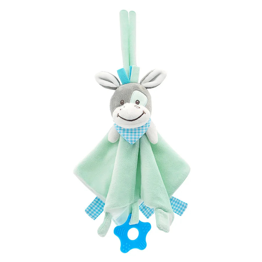 Plush donkey toy with a soft blue and green blanket, blue gingham accents, and a blue teething ring at the bottom. The donkey has a happy expression and upright ears.