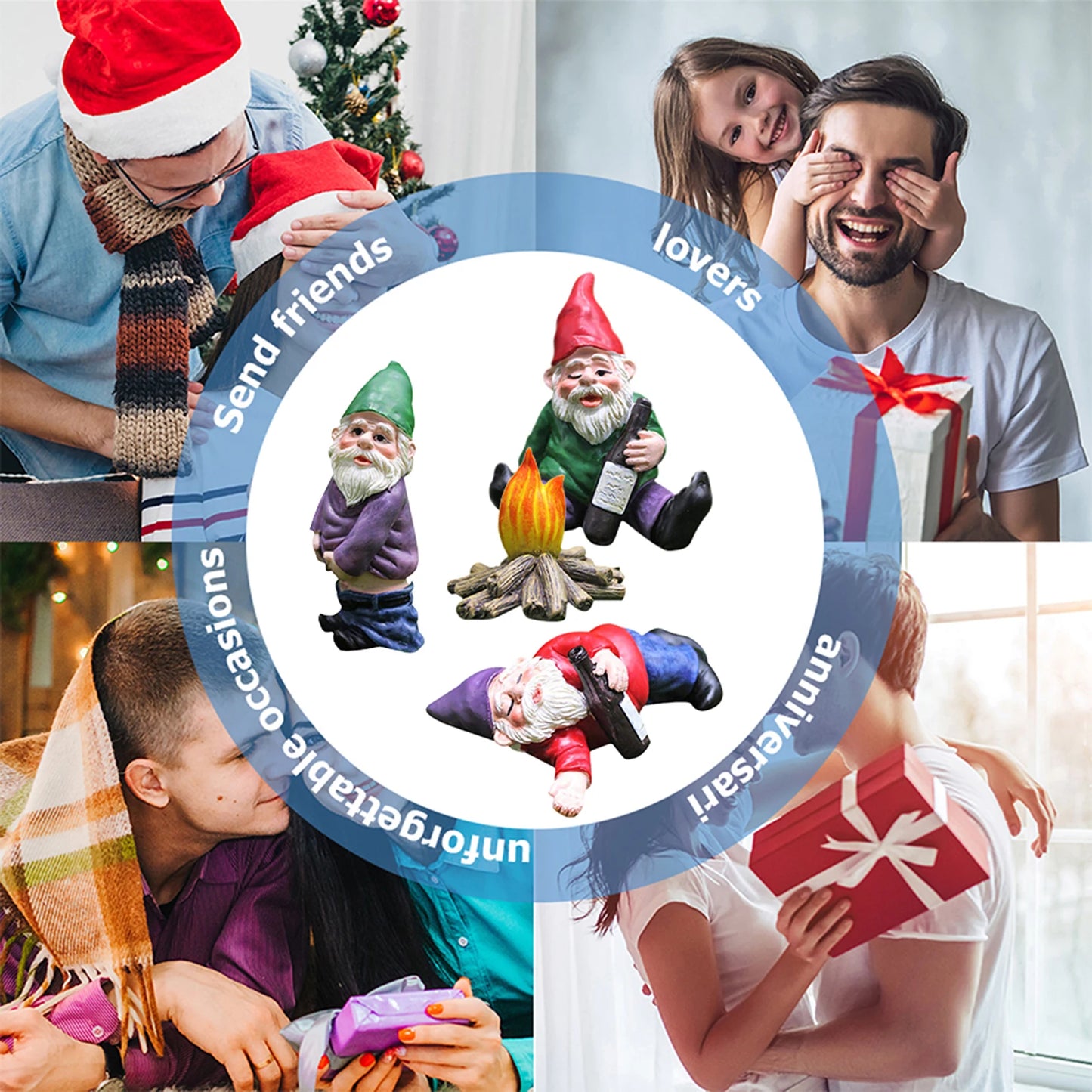 Festive collage showing people exchanging gifts, smiling, and wearing Santa hats. Center features three festive gnome figurines around a campfire, labeled for different celebration scenarios.