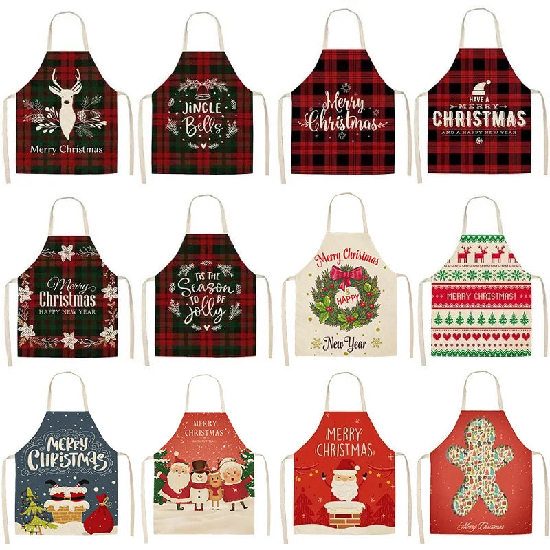 Twelve festive Christmas aprons, featuring designs like reindeer, Santa Claus, snowmen, and holiday messages, displayed in a grid. Styles include plaid, red, green, and seasonal graphics.