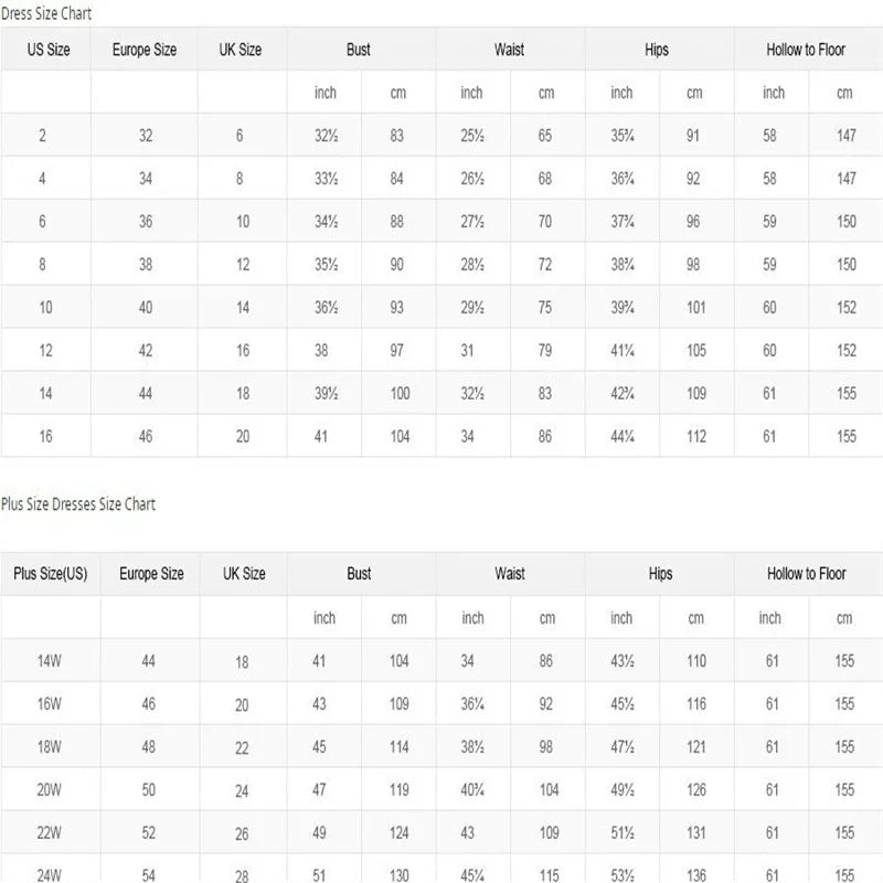 Dress size chart showing US, Europe, and UK sizes with measurements for bust, waist, hips, and hollow to floor in inches and centimeters. Includes plus sizes.