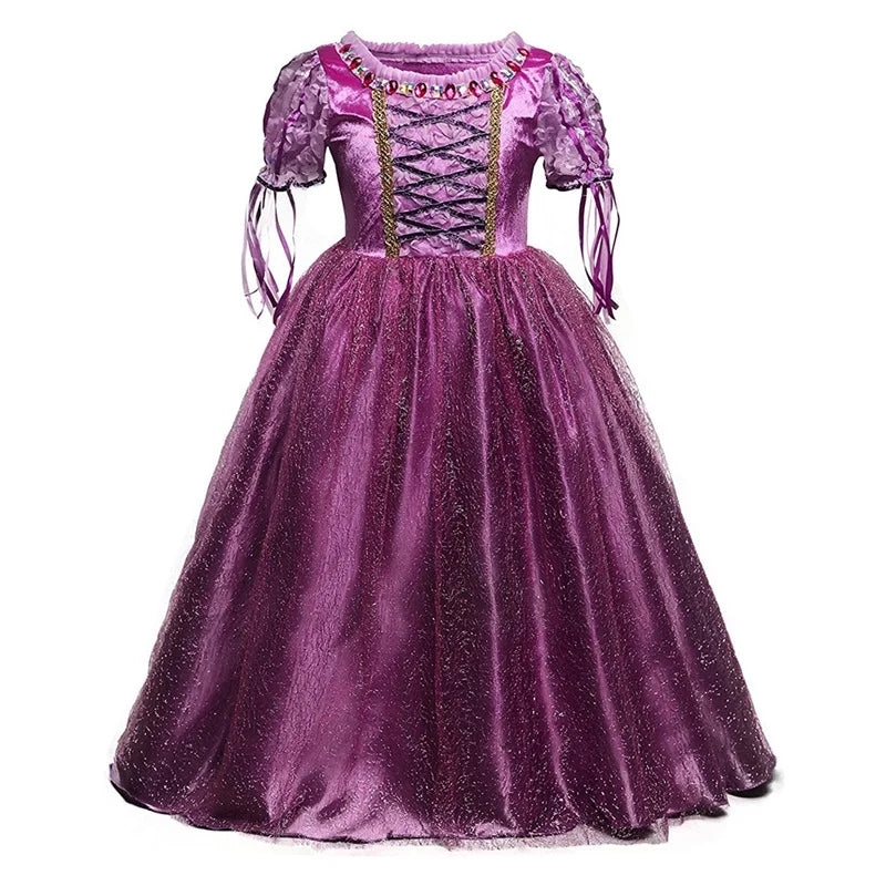 Purple princess dress with sparkly tulle skirt, corset-style bodice with lace-up details, puffed sleeves, and gem-embellished neckline.
