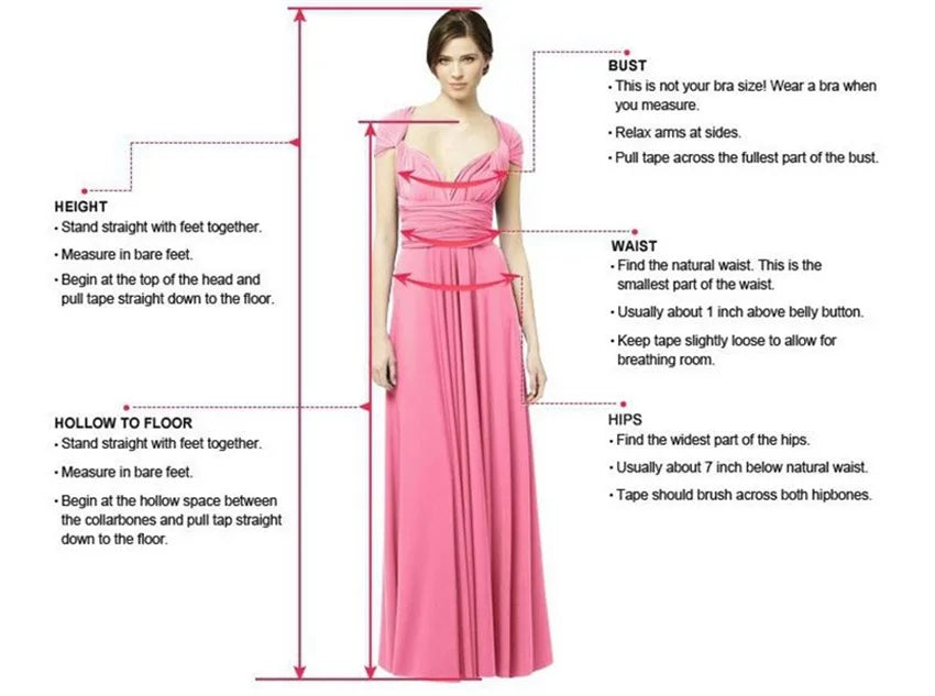 A woman in a pink dress displays measurement guides for height, bust, waist, hollow to floor, and hips. Instructions for accurate measurement are detailed beside her.