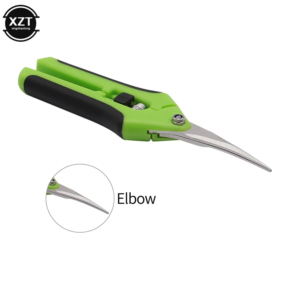 Green and black pruning shears with sharp, curved stainless steel blades. Close-up inset highlights the elbow-shaped blades. Suitable for precise trimming tasks.