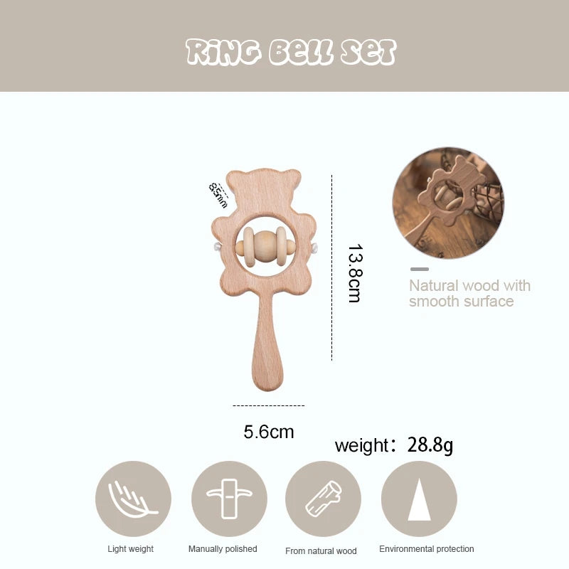 Wooden ring bell set with smooth, natural finish, measures 13.8cm by 5.6cm, and weighs 28.8g. Features icons illustrating light weight, manual polishing, and eco-friendly materials.