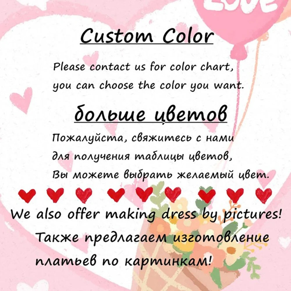 Text advertising custom dress colors in English and Russian, with heart designs and floral graphics. Offers dressmaking by pictures. Background includes pink hearts and a love balloon.