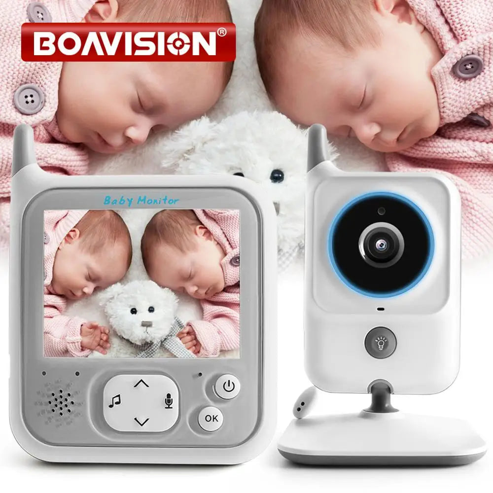 Baby monitor set showing two sleeping infants with a teddy bear on the screen. The monitor has buttons for control and is branded with the name "Boavision" above.