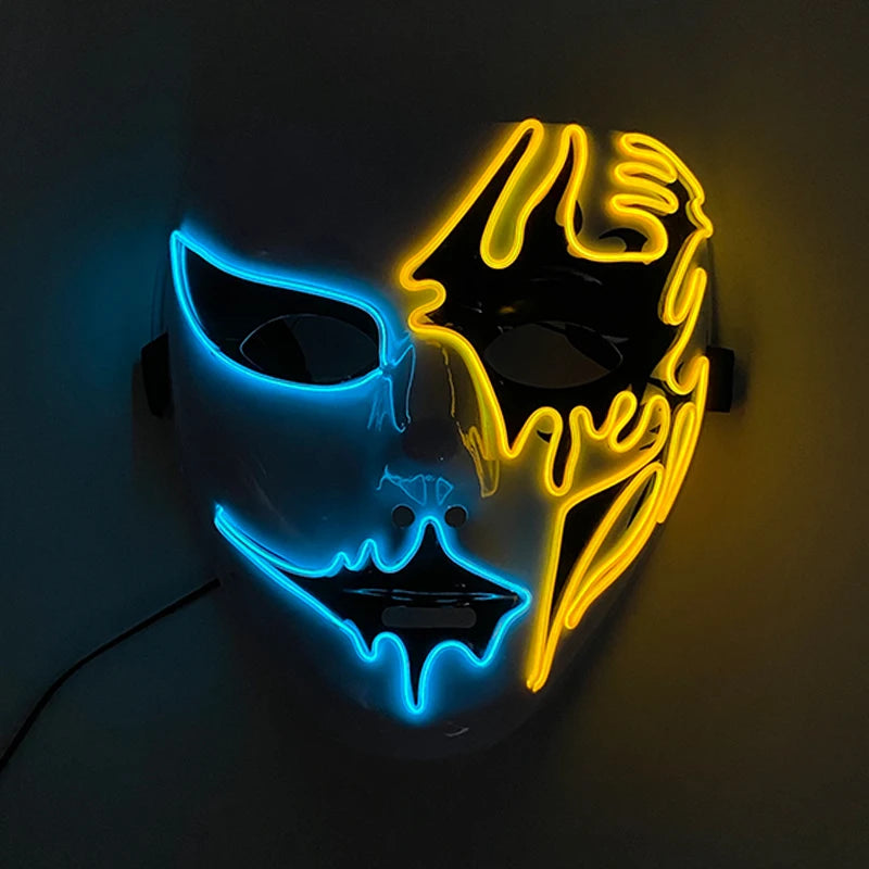 Glowing mask with neon lights, one half outlined in blue with sharp features and the other half in yellow, featuring a melting design over a black background.