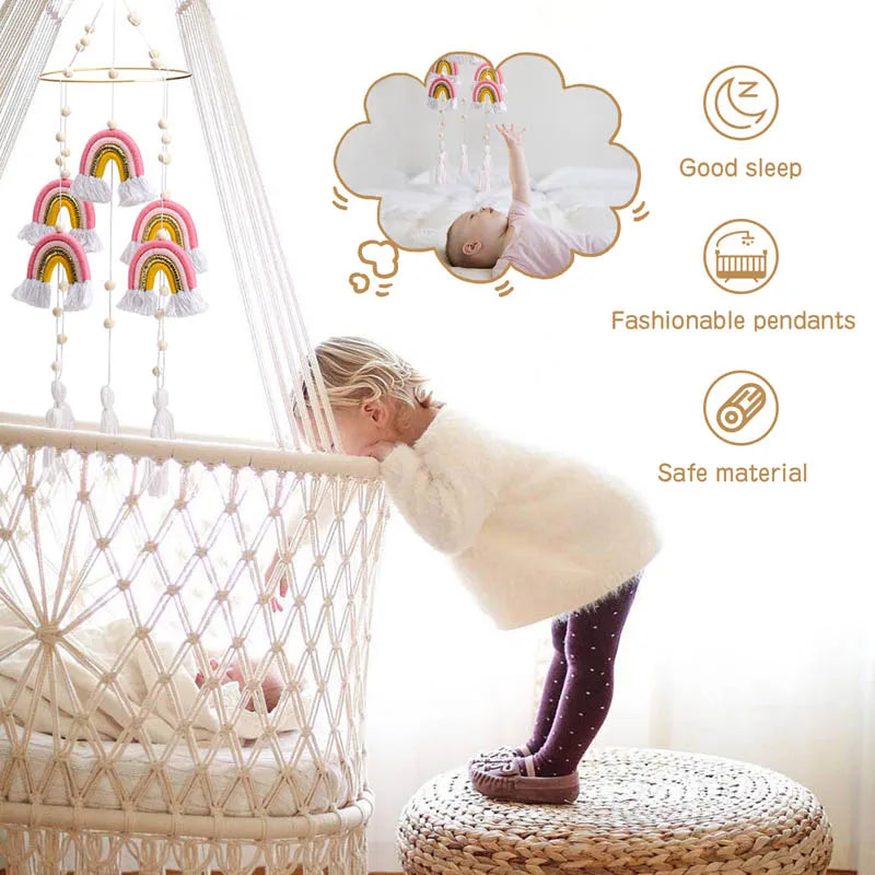 Child peering into a cozy, hanging woven bassinet adorned with rainbow pendants. Illustrated benefits: good sleep, fashionable pendants, safe materials.