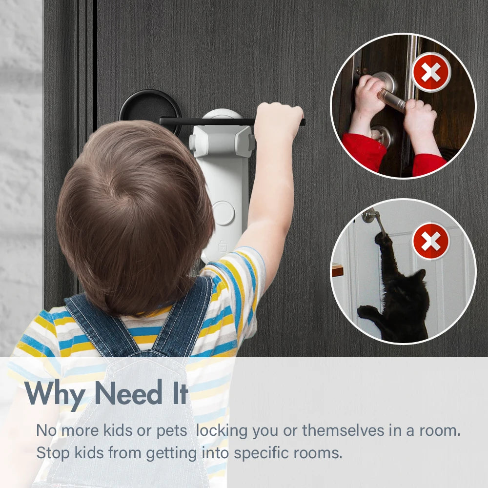 Child in striped shirt reaching for door handle with lock guard; two inset images show child and cat attempting to open doors, both with red X. Text: "Why Need It: No more kids or pets locking you or themselves in a room."