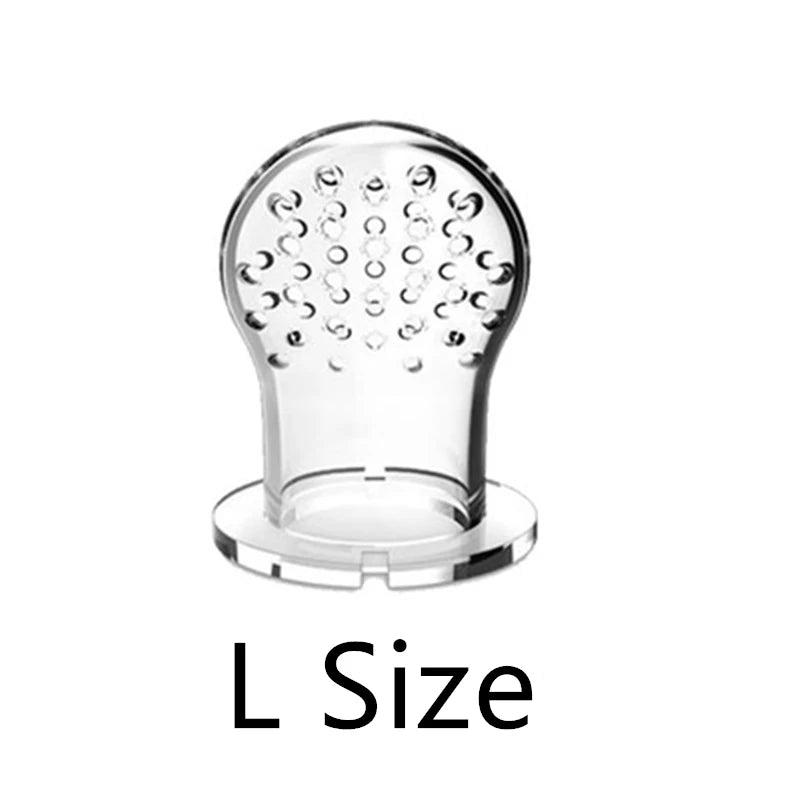 Clear silicone face mask adapter with a dotted pattern, shown in a stand. The text below reads "L Size," indicating the large size of the mask component.