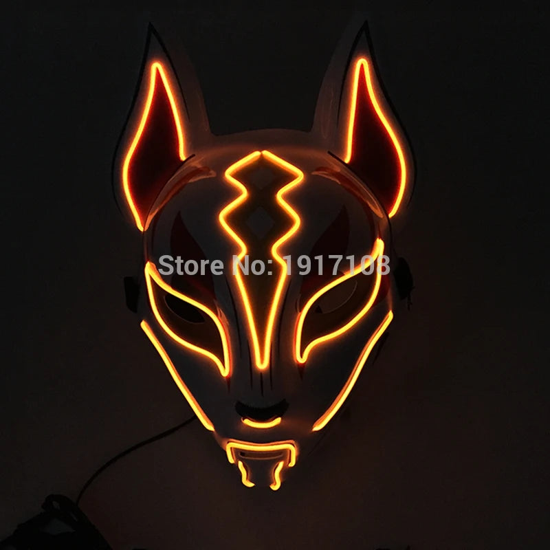 A fox-like mask with neon orange accents outlining its features against a dark background, creating a glowing effect. A store number watermark is visible across the mask.