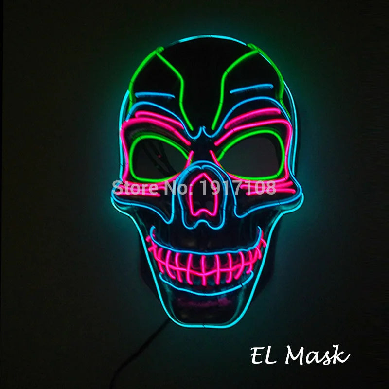 Neon skull mask with glowing blue, pink, and green outlines. The design features bold eye and mouth lines, creating a striking face appearance against a dark background.