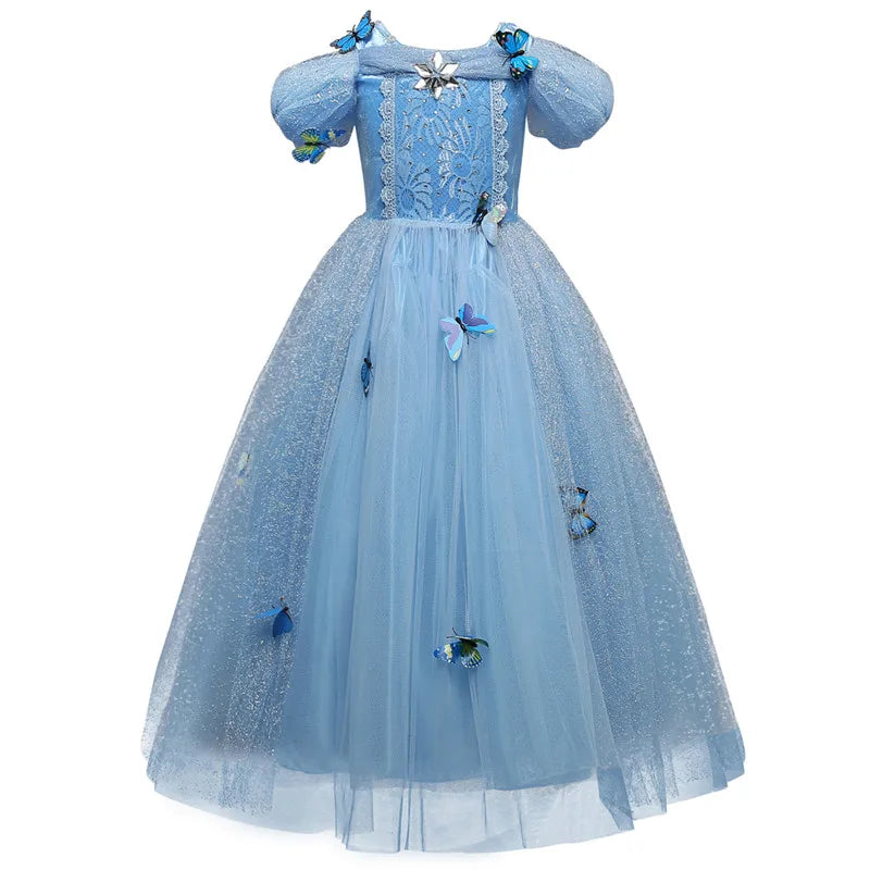 Blue princess dress with puffy short sleeves and intricate lace bodice. Decorated with blue and purple butterflies, the glittery tulle skirt adds a magical touch.