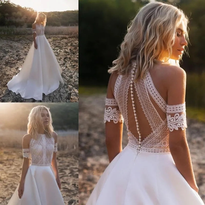 Bride in lace-trimmed, open-back wedding gown with pearl buttons stands on cracked earth terrain. Sunlight highlights her wavy hair. Two smaller images show front and side views.