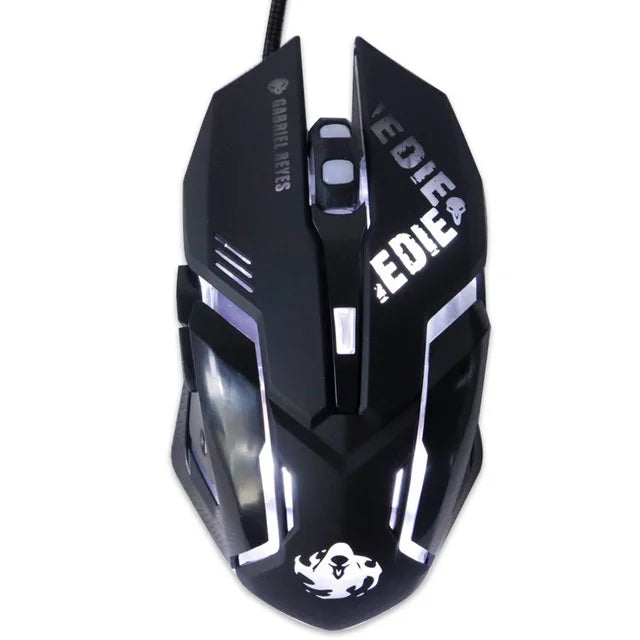 Black gaming mouse with angular design, illuminated white accents, and text "EDIE" on the top. Includes side buttons and a braided cable.