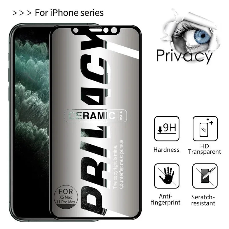 Tempered privacy screen protector for iPhone, featuring ceramic matte finish. Offers 9H hardness, HD transparency, anti-fingerprint, and scratch resistance. Eye graphic symbolizes privacy.