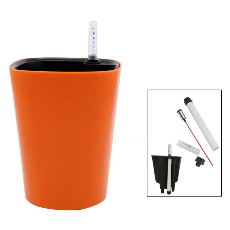 Orange self-watering planter with a water level gauge. Inset shows components: inner pot, gauge, water tube, and overflow cap. Ideal for convenient plant care.