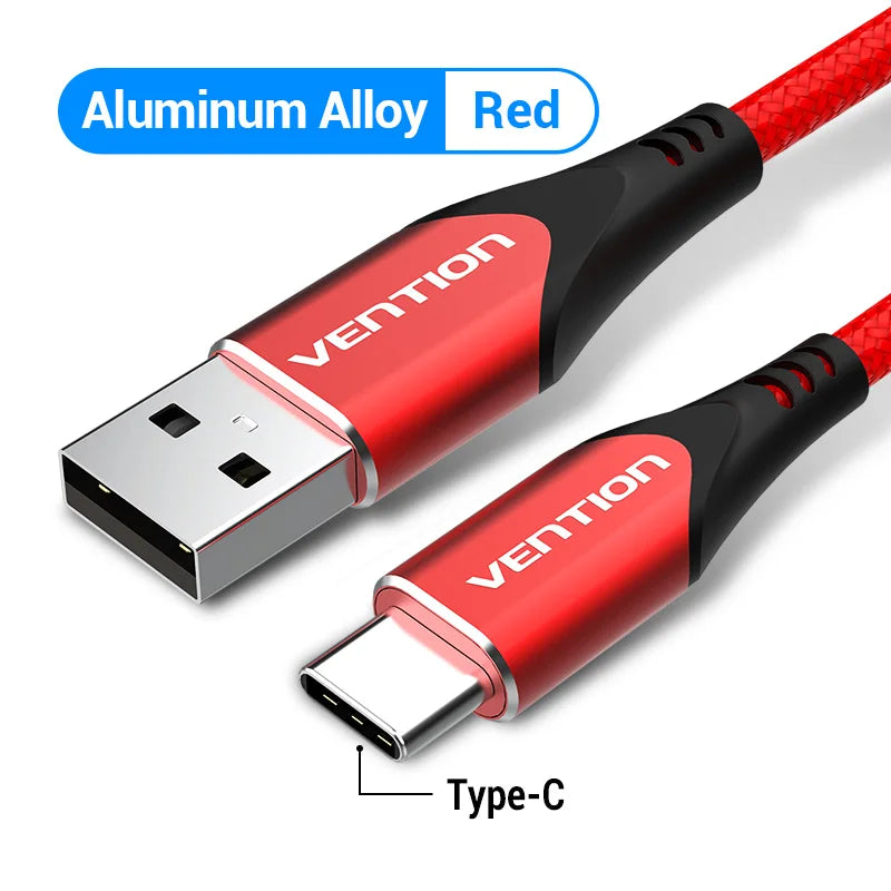 Red USB and Type-C cable with "VENTION" branding, featuring an aluminum alloy design. The cable is braided for durability.