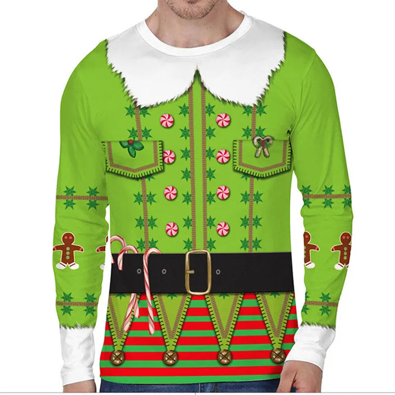 A person wears a festive green long-sleeve shirt with a white collar, candy cane decorations, and a black belt design. Patterns mimic gingerbread men and peppermint candies.