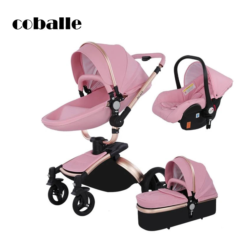 Pink Coballe baby travel system set including a stroller, car seat, and bassinet. Features rose gold accents and sturdy black wheels.