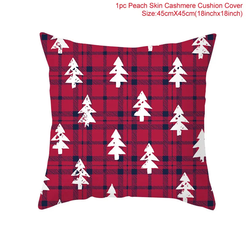 Red plaid cushion cover with white Christmas tree motifs. Size: 45cm x 45cm (18 inches x 18 inches). Text at the top describes it as a peach skin cashmere cushion cover.