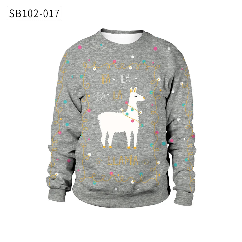 Gray sweatshirt with a white llama wearing festive lights and surrounded by colorful dots and gold swirls. Text reads "Fa La La La Llama" in gold letters.