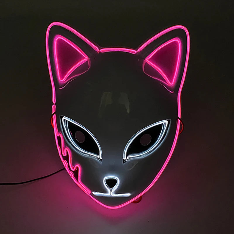 A glowing neon sign in the shape of a cat face with bright pink outlines for ears and face, white for eyes and mouth, and a sleek abstract design, set against a dark background.