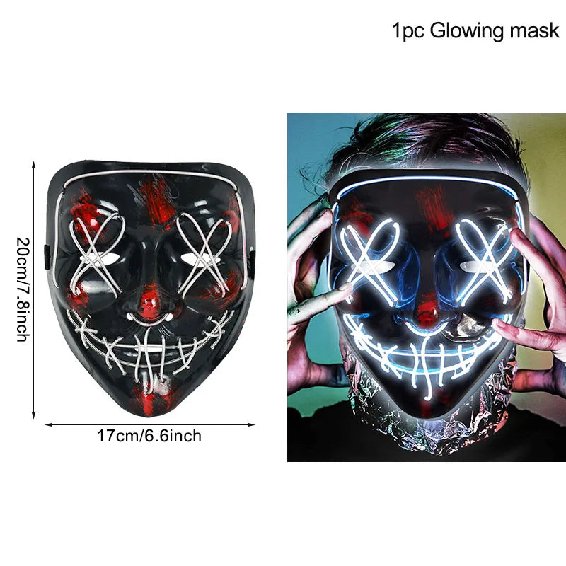 Glowing mask with X eyes and stitched smile design. It measures 20cm by 17cm. Image shows mask both alone and being worn, illuminating in low light.