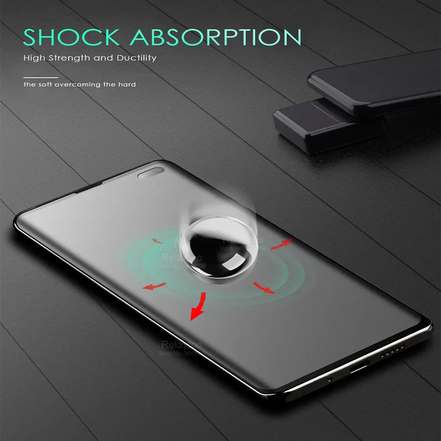 Smartphone screen with a metal ball on it showing shock absorption. Text highlights high strength and ductility, with arrows indicating impact distribution.