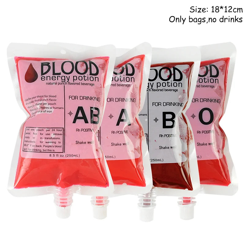 Four novelty drink pouches labeled as "Blood Energy Potion" for blood types AB, A, B, and O. Each pouch is 250ml with a red liquid, resembling blood bags.