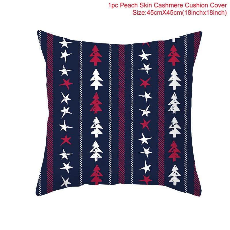 Navy cushion cover with red and white Christmas tree and star patterns, featuring vertical stripes. Size text: 45cm x 45cm (18in x 18in). 