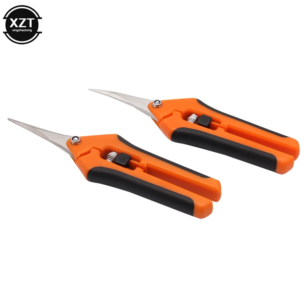 Two orange and black garden pruning shears with stainless steel curved blades are arranged side by side on a white background. They feature ergonomic padded handles for comfort.