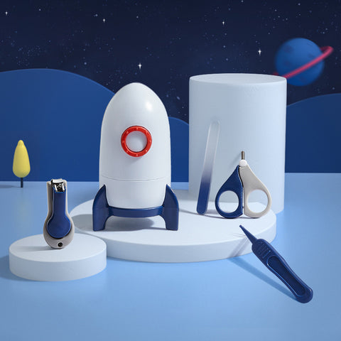 Rocket-shaped container with nail care tools, including clippers, scissors, and a file on a blue backdrop with space-themed decor, featuring planets and stars.