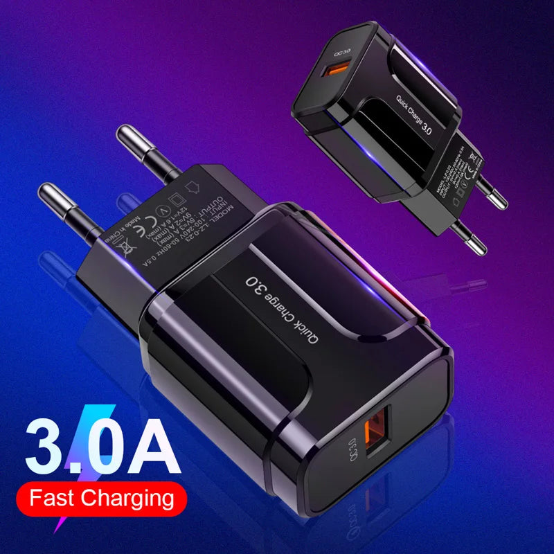 Black Quick Charge 3.0 wall charger with two-prong plug, highlighted on a blue and purple gradient background. Text overlay shows "3.0A Fast Charging" in red and white.