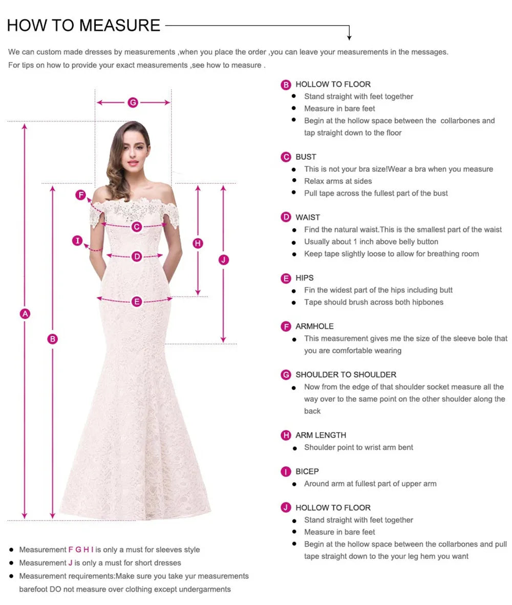 Guide for measuring dress sizes with a model in a white lace gown. Instructions detail how to measure hollow to floor, bust, waist, hips, armhole, shoulder, arm length, and bicep.