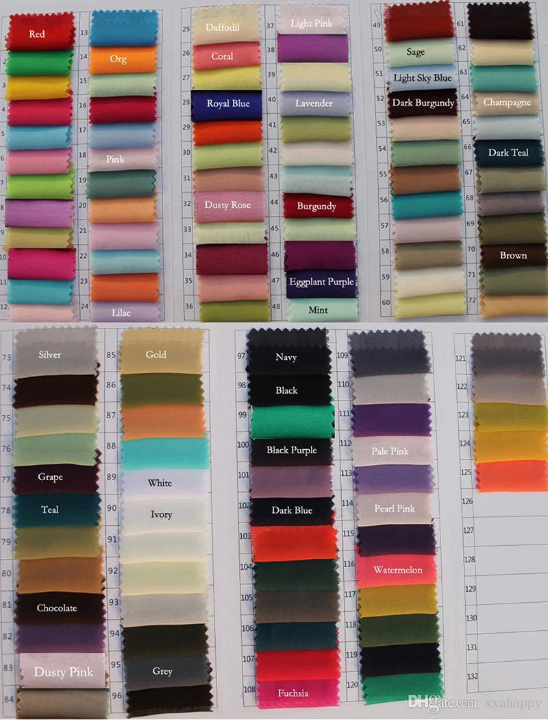 Fabric swatch chart with various colors including red, daffodil, lavender, sage, silver, navy, black, and fuchsia, labeled with names in white text.