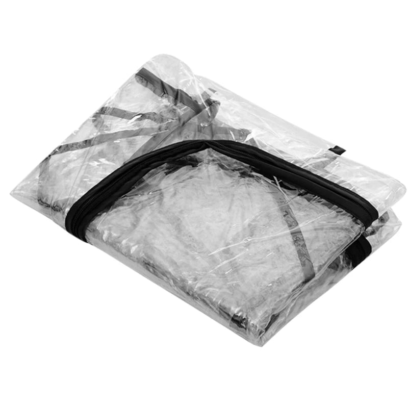 Folded translucent rain poncho with black trim and a zipper, neatly packed for easy portability.