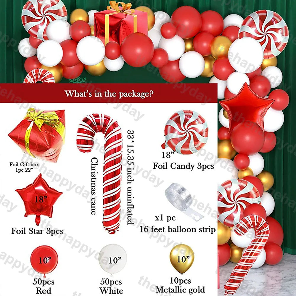 Christmas balloon decoration set with red, white, and gold balloons, foil candy, gift box, star, and candy cane shapes, including a 16-foot balloon strip.

