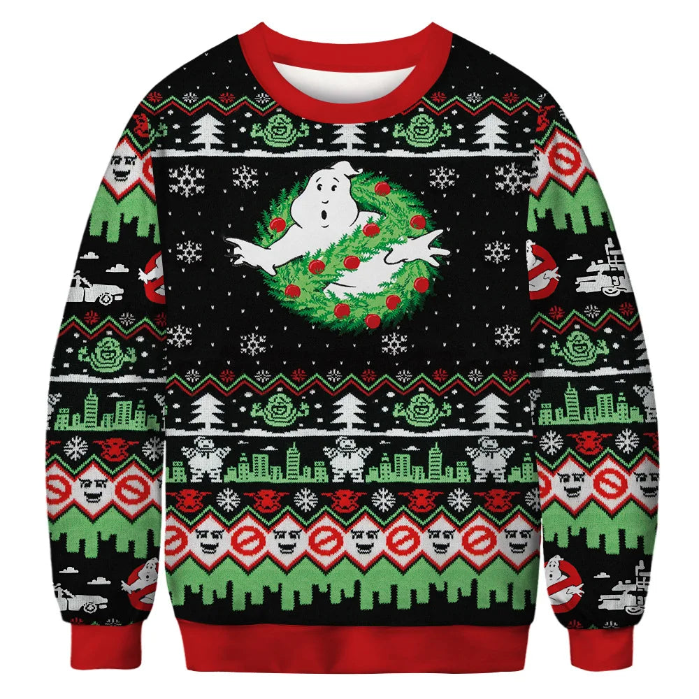 Black Christmas sweater with red trim featuring a ghost surrounded by a festive wreath. Decorated with holiday patterns, snowflakes, trees, and skyline motifs in green and red.