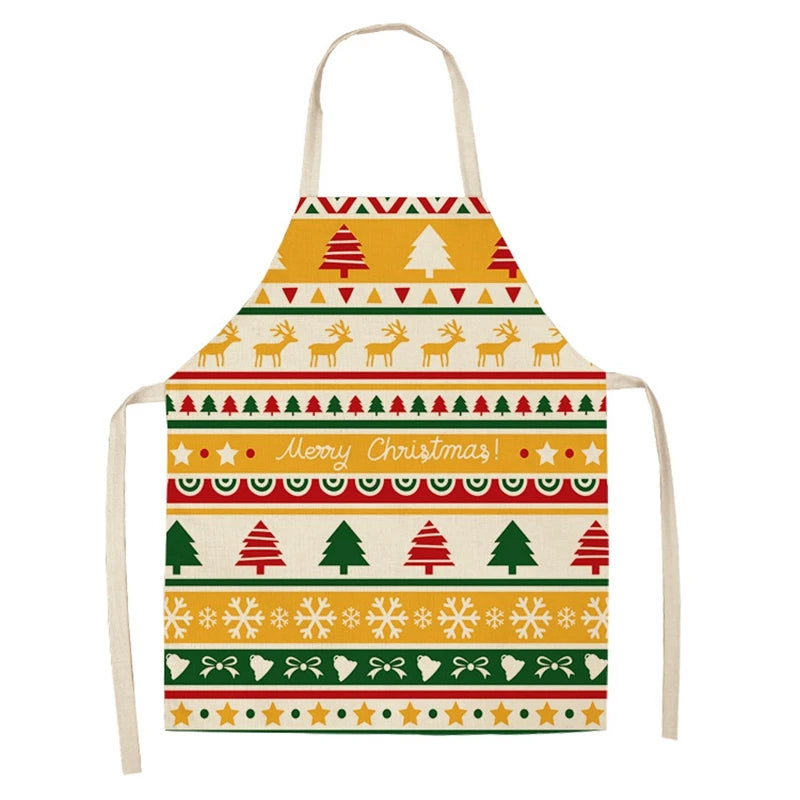 Festive Christmas apron with rows of reindeer, Christmas trees, snowflakes, and stars in red, green, and gold. It features a "Merry Christmas" message in the center.