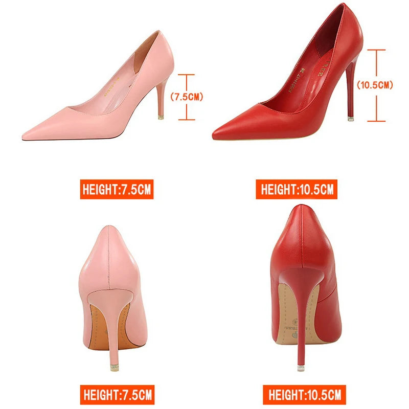 Two stiletto pumps shown from the side and back. Left is light pink with a 7.5cm heel. Right is bright red with a 10.5cm heel. Both have a pointed toe design.