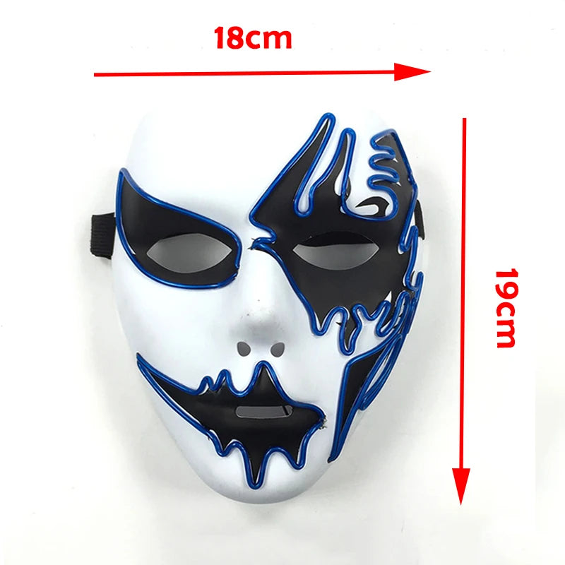A white face mask with intricate black and blue line designs around the eyes and mouth. The mask measures 18cm wide and 19cm tall with a black strap on the side.