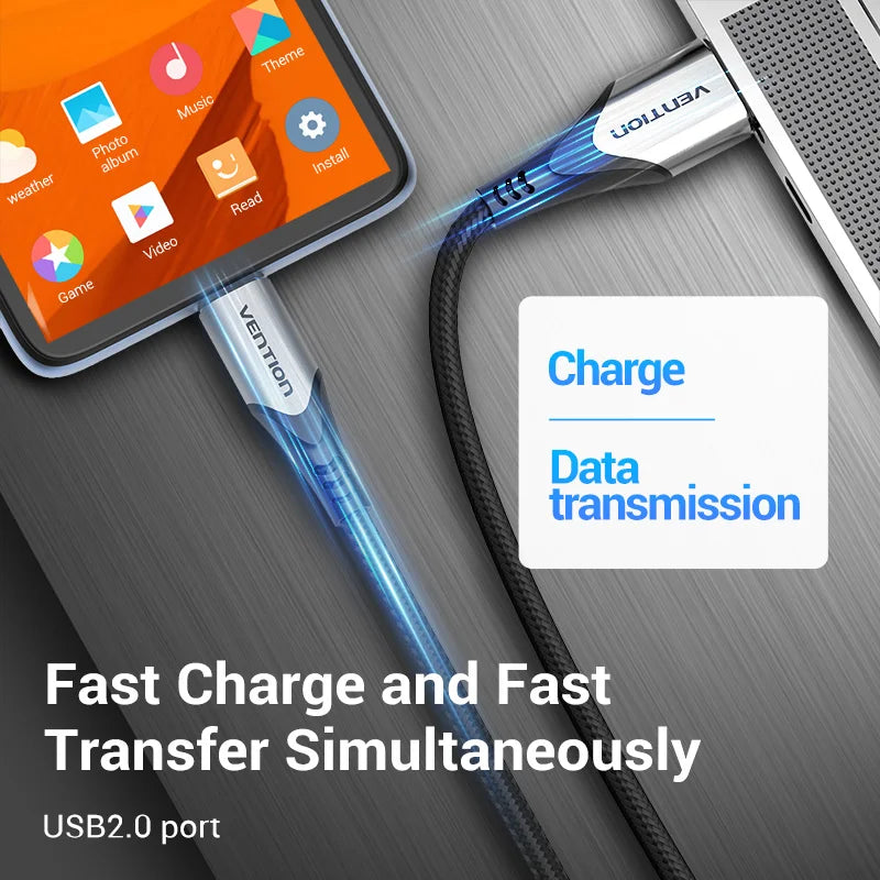 Smartphone connected to a laptop using a Vention USB 2.0 cable, illustrating fast charging and data transfer. Text highlights dual functionality: "Charge" and "Data transmission".