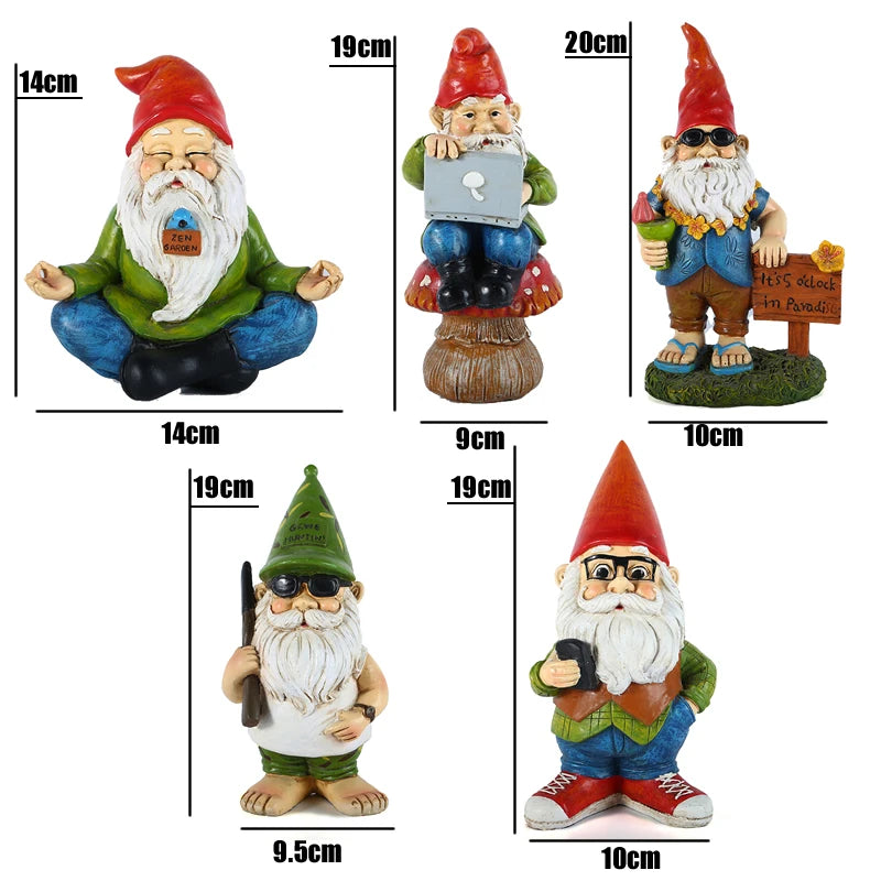 Five colorful garden gnome figurines, each with unique accessories: meditating, on a mushroom with laptop, in paradise with drink, holding fishing rod, and with phone. Dimensions included.