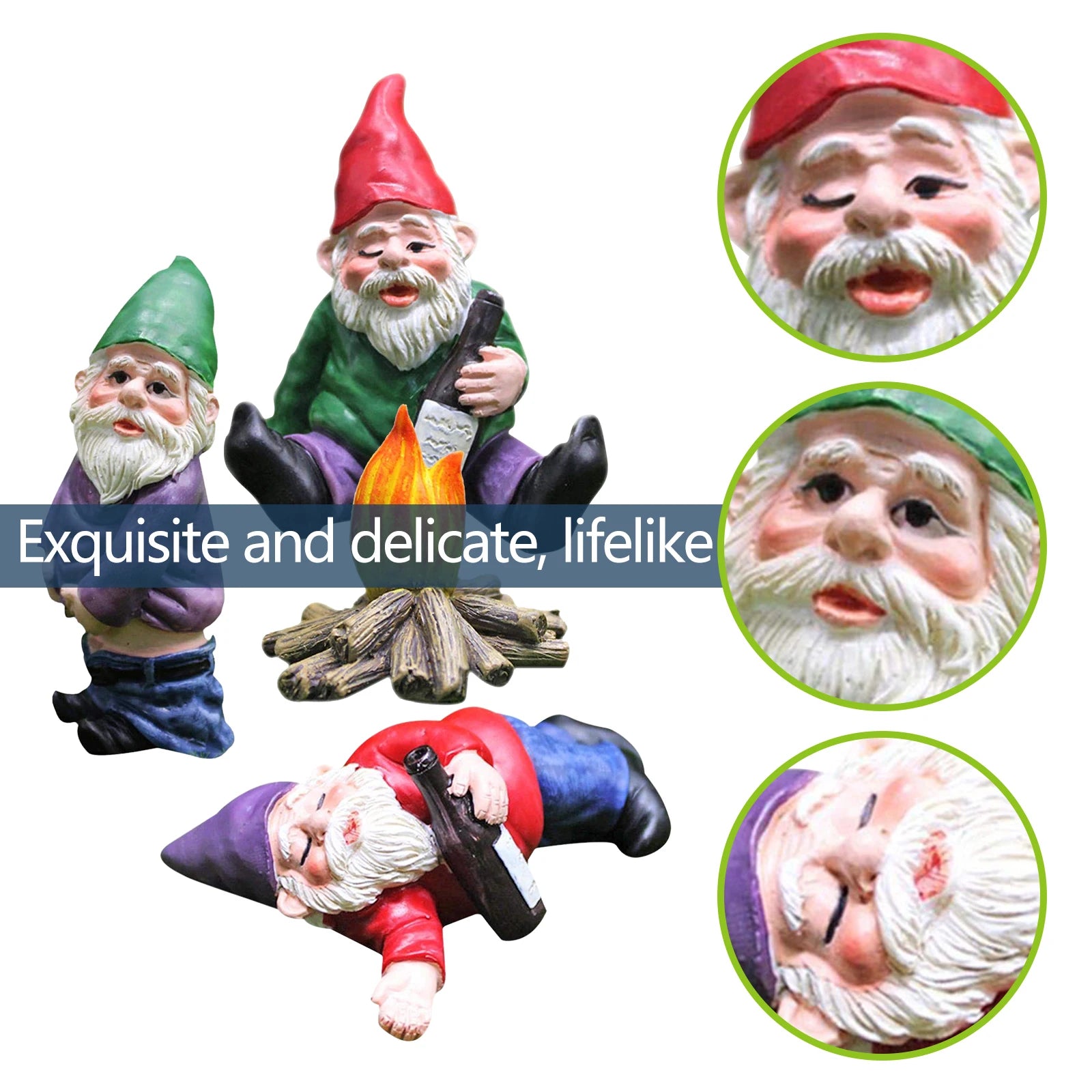 Three garden gnome figurines around a campfire. One holds a bottle, another stands, and the last lies down. Close-ups of each face are shown. Text: "Exquisite and delicate, lifelike."